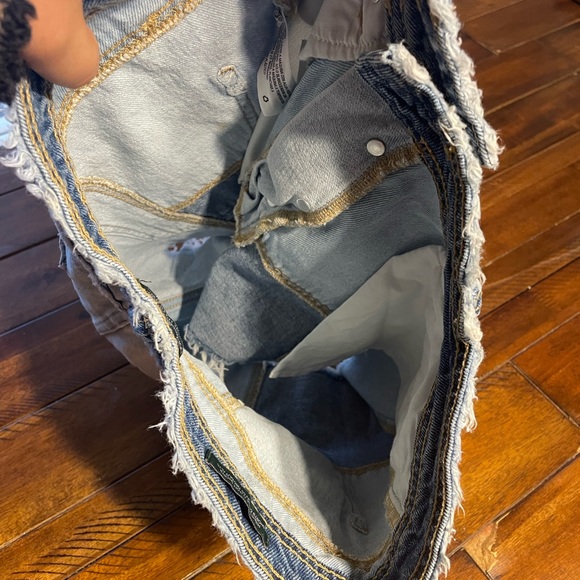 Patchwork Denim Shorts High Waisted Two Tone Raw Hem Festival - Picture 8 of 8